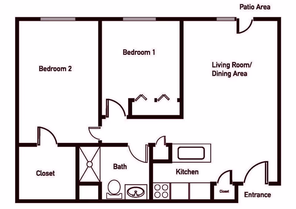 Floor plan of a residential unit at Brookstone Estates of Harrisburg showing two bedrooms, a bathroom, a kitchen, a living room/dining area, closets, an entrance, and a patio area.