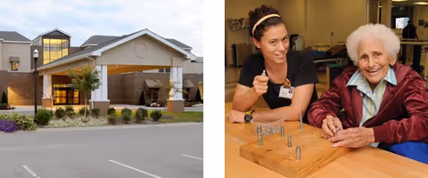 Left side shows the front exterior of a modern senior living facility building with a covered entrance, landscaping, and a parking lot. Right side shows a young female caregiver smiling and assisting an elderly woman with a wooden pegboard activity inside a well-lit room.
