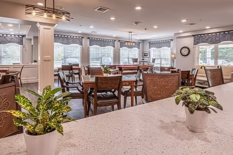 A bright and spacious dining room with multiple wooden tables and chairs arranged neatly. Large windows with patterned valances allow natural light to fill the room. Two potted plants are placed on a countertop in the foreground. The room has a modern ceiling light fixture and a wall clock is visible on the right wall.