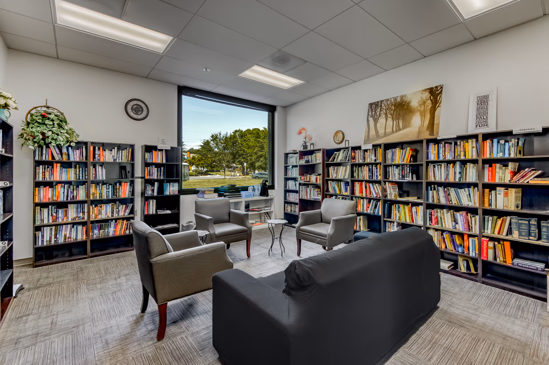 Cozy library lounge with bookshelves lining the walls, a large window, and a seating area of armchairs and a couch.
