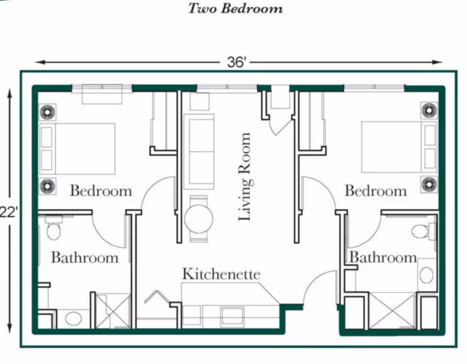 Floor plan diagram of a two-bedroom unit with a central living room, kitchenette, and two bathrooms.