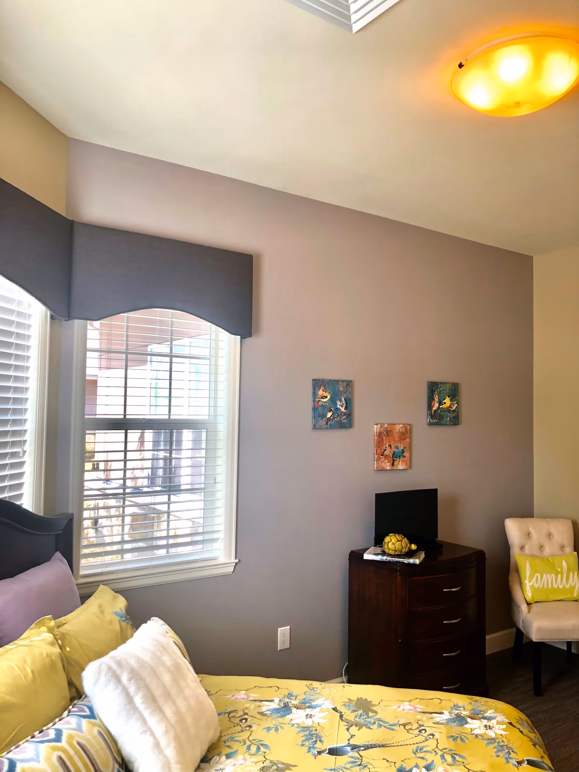 A cozy bedroom with a bed featuring yellow floral bedding and multiple pillows, a window with white blinds and a dark valance, a dark wooden dresser with decorative items on top, three small bird-themed wall art pieces, and a beige upholstered chair with a green pillow that says 'family'.