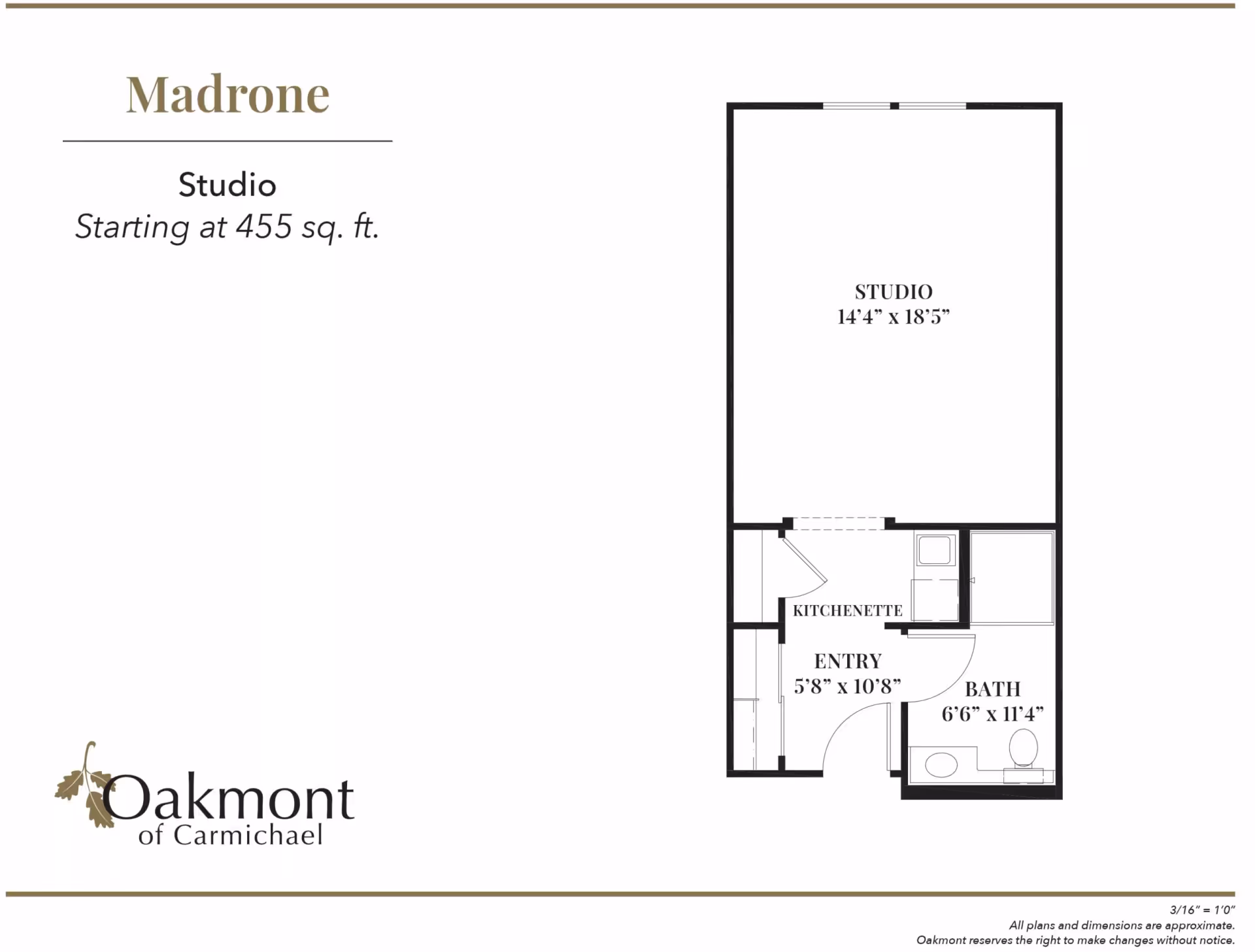 Floor plan of the 'Madrone' studio apartment showing a studio area, kitchenette, entry, and bathroom with Oakmont of Carmichael branding.