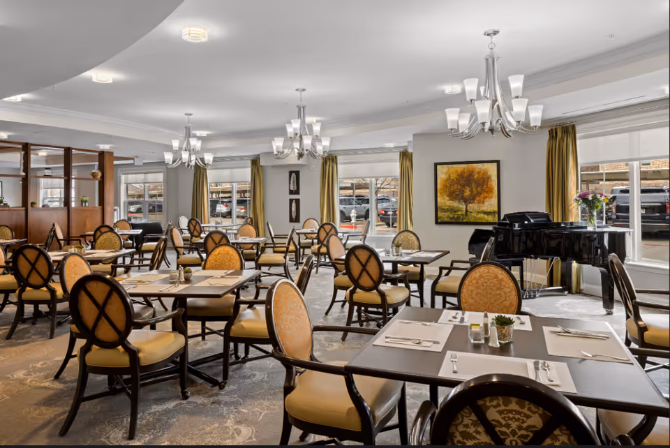 A spacious dining room with multiple tables and chairs arranged neatly. The chairs have patterned upholstery in warm tones. There are large windows with yellow curtains letting in natural light. A black grand piano is positioned near the windows, and a painting of a tree hangs on the wall. Modern chandeliers hang from the ceiling, illuminating the room.
