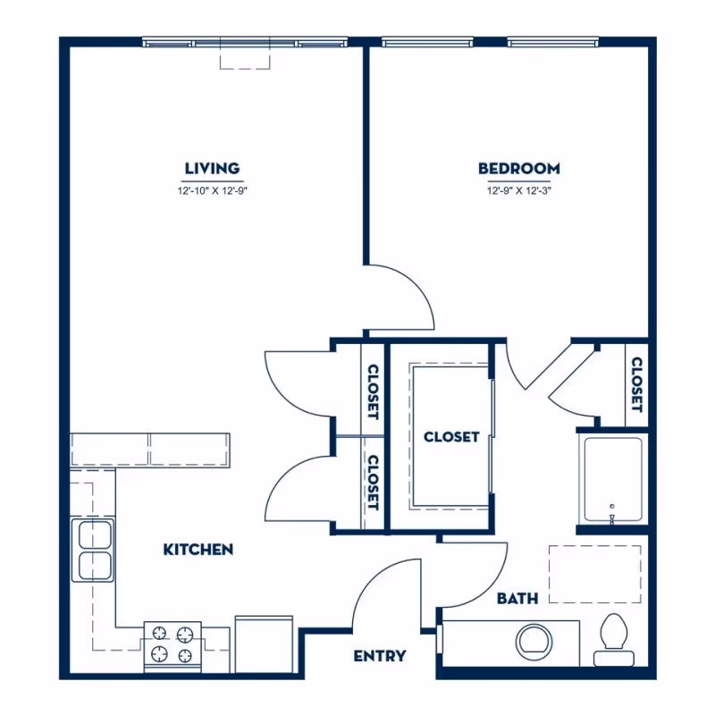 Floor plan of a one-bedroom apartment at Russellville Park showing a living room, kitchen, bedroom, bathroom, entry, and multiple closets.