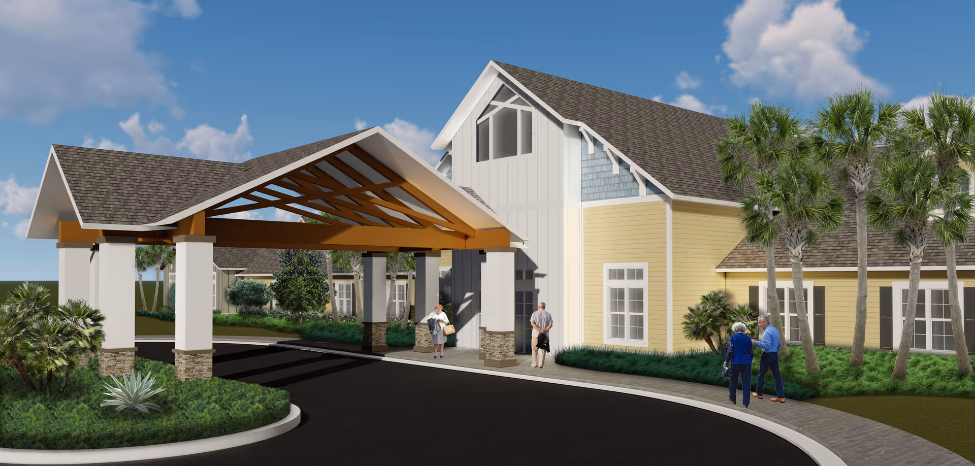 Exterior view of a senior living facility named Inspiritás of Wildwood showing a covered entrance with a peaked roof supported by columns. The building has yellow and white siding with multiple windows and a landscaped area with palm trees and shrubs. Several elderly people are walking near the entrance.