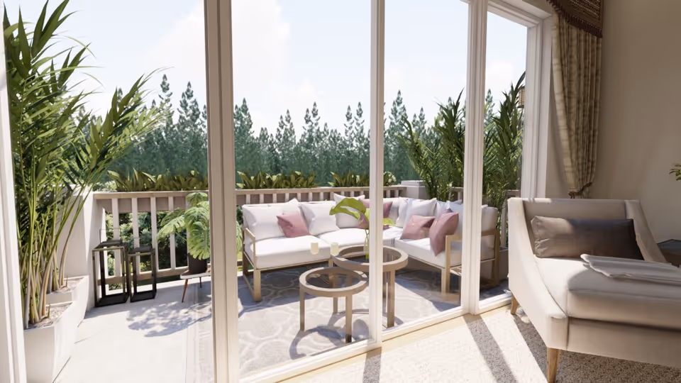 Sunlit living area opening onto a furnished balcony with a white outdoor sofa, round tables, and potted plants.