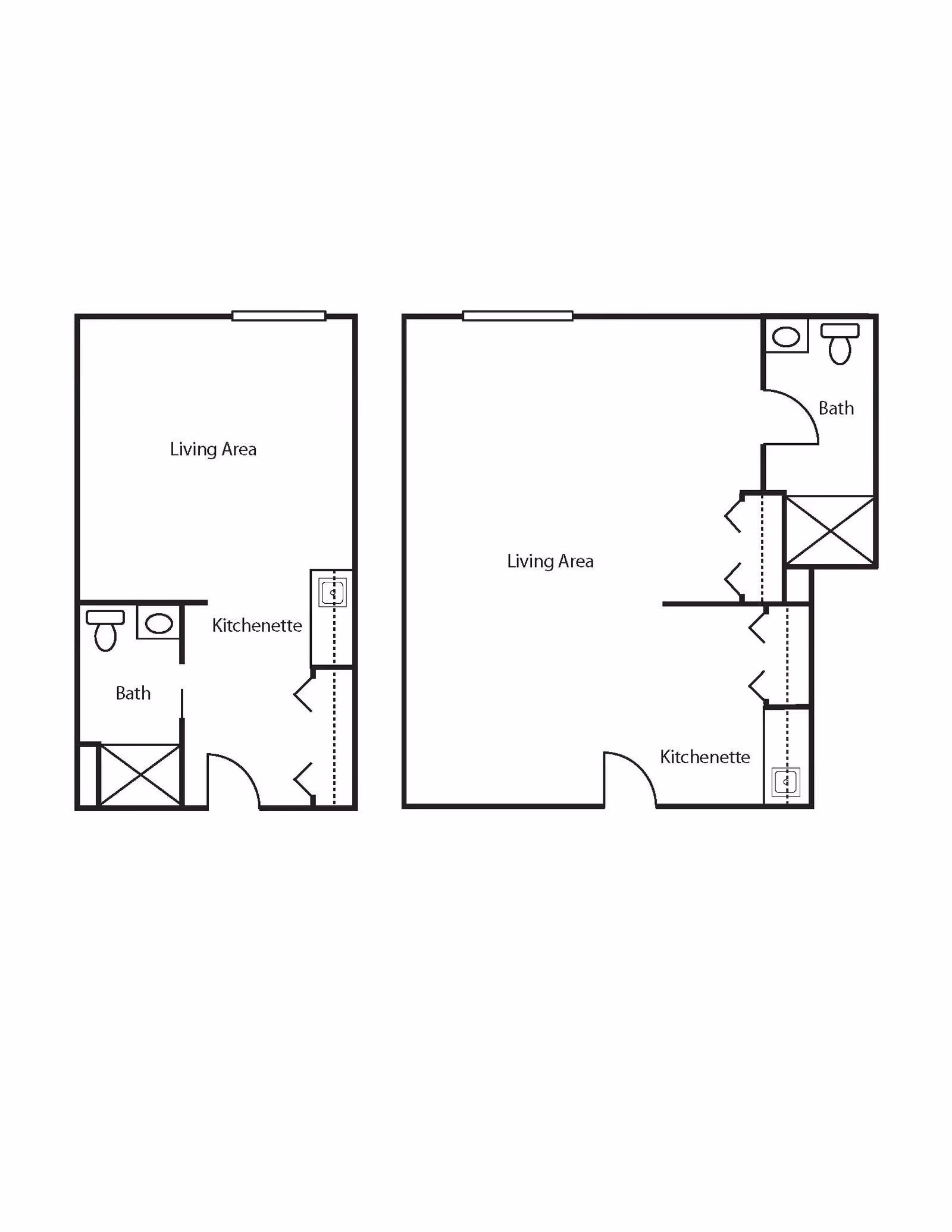 Black and white architectural floor plan showing two studio apartment layouts, each with a living area, kitchenette, and bathroom.
