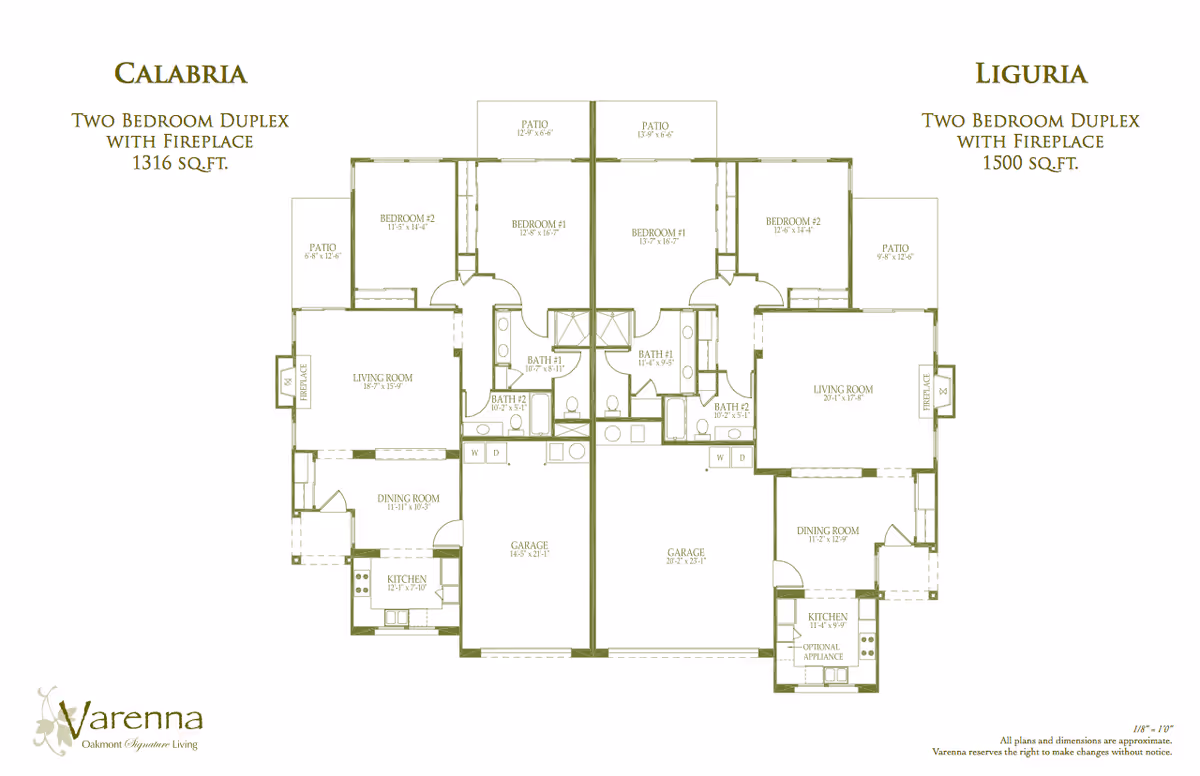 Architectural floor plan showing two duplex layouts named Calabria and Liguria, each with two bedrooms, two bathrooms, living room with fireplace, dining room, kitchen, garage, and patios. Calabria is 1316 sq. ft. and Liguria is 1500 sq. ft. The floor plan includes room dimensions and labels.
