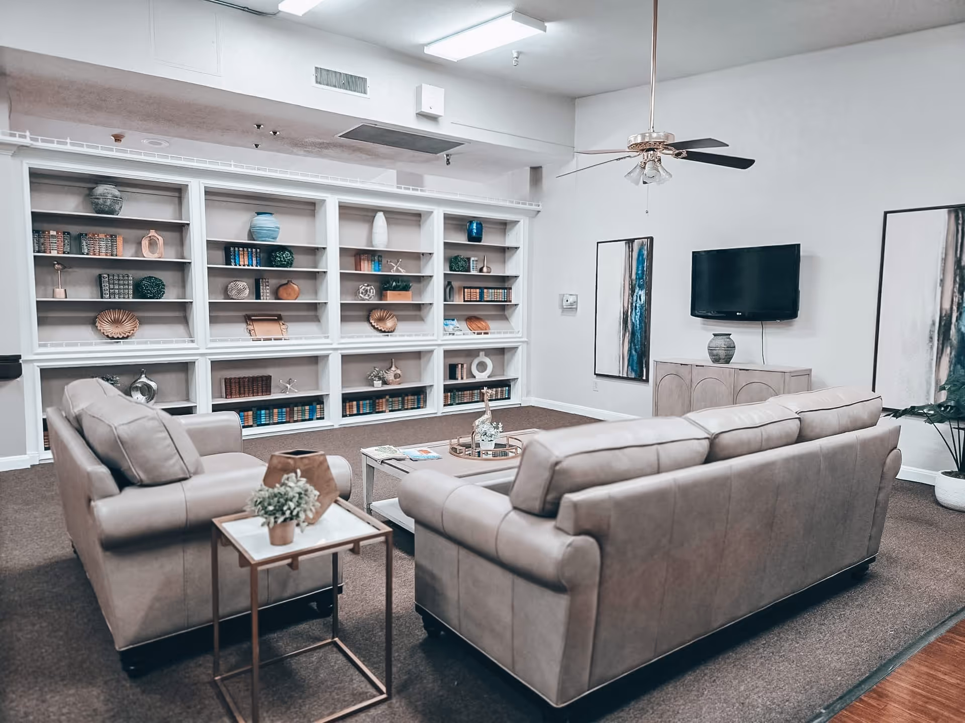 A cozy living room area with two beige leather sofas facing a wall-mounted flat screen TV. The room features built-in white shelves filled with decorative items and books, a ceiling fan with lights, two abstract paintings on the wall, a small side table with a plant, and a coffee table with magazines and a decorative tray.
