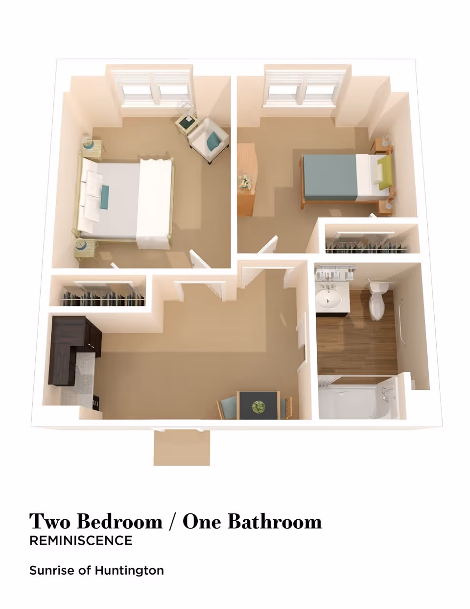 3D floor plan of a two-bedroom, one-bathroom apartment featuring a kitchen area, dining space, two bedrooms with beds and furniture, and a bathroom with a sink, toilet, and shower.