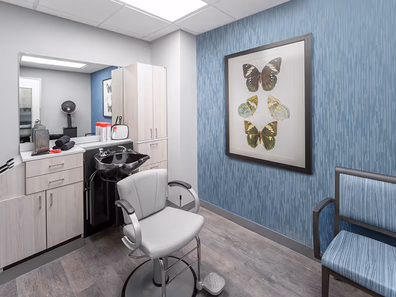 A small salon room with a light gray salon chair in front of a black hair washing sink. The room has light wood cabinets, a large mirror, and a blue textured wall with a framed picture of four butterflies. There is also a blue upholstered chair against the wall.