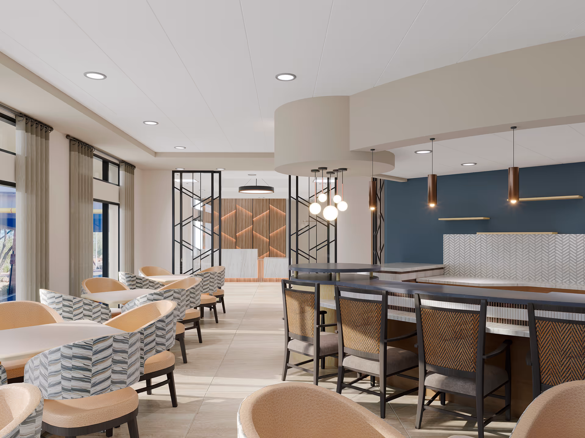 Bright modern dining room with multiple tables and upholstered chairs, a central bar counter with pendant lights, and large windows.