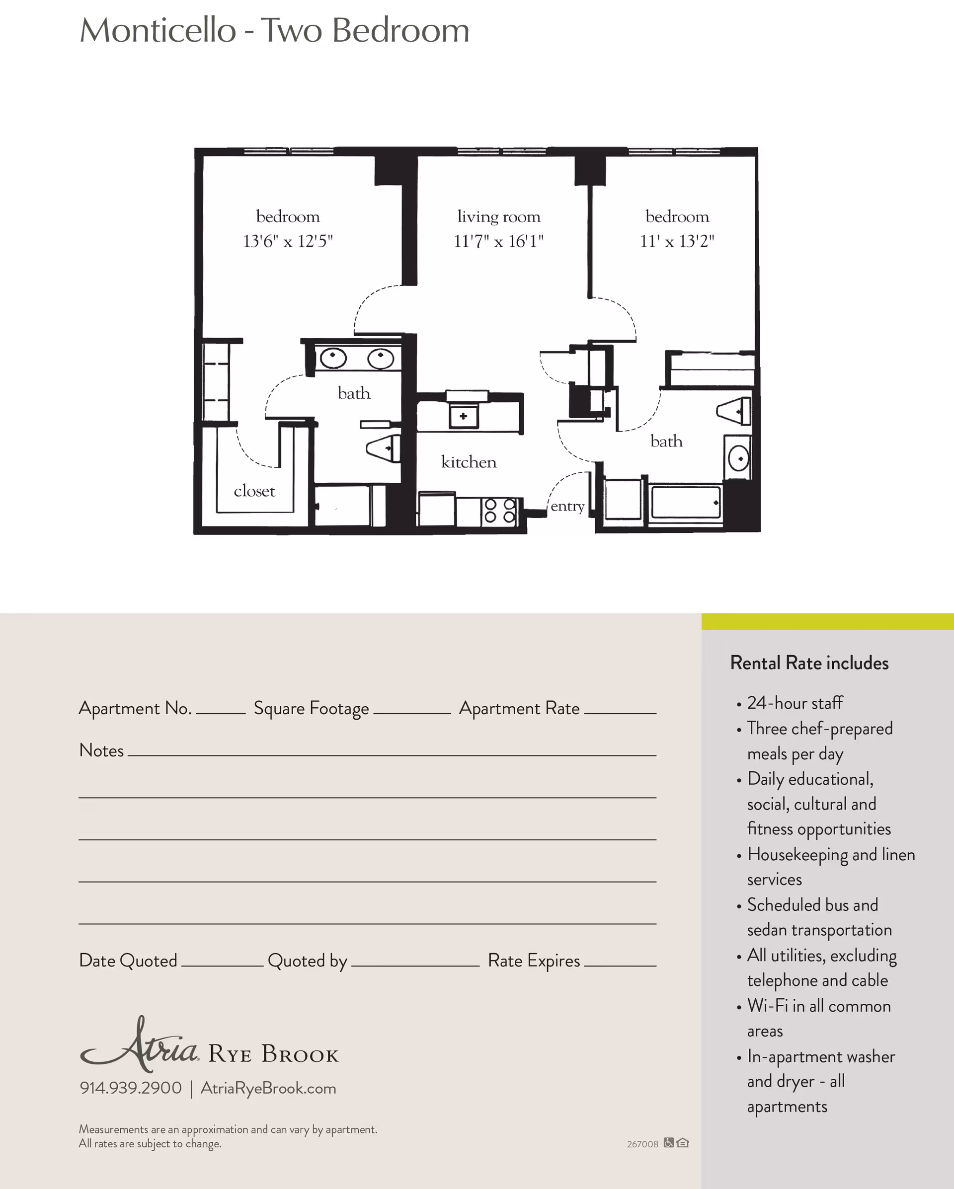 Floor plan layout of Monticello two-bedroom apartment featuring two bedrooms, two bathrooms, a living room, kitchen, closet, and entry area with dimensions for bedrooms and living room.