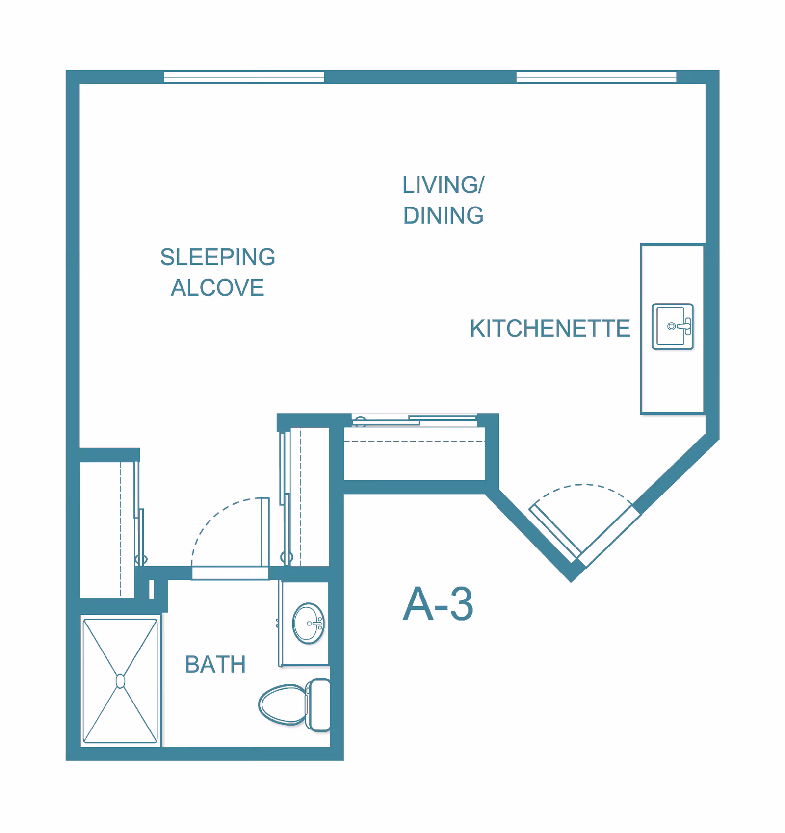Architectural floor plan of a studio apartment labeled A-3, showing a sleeping alcove, living/dining area, kitchenette, and a bathroom with a shower, toilet, and sink.