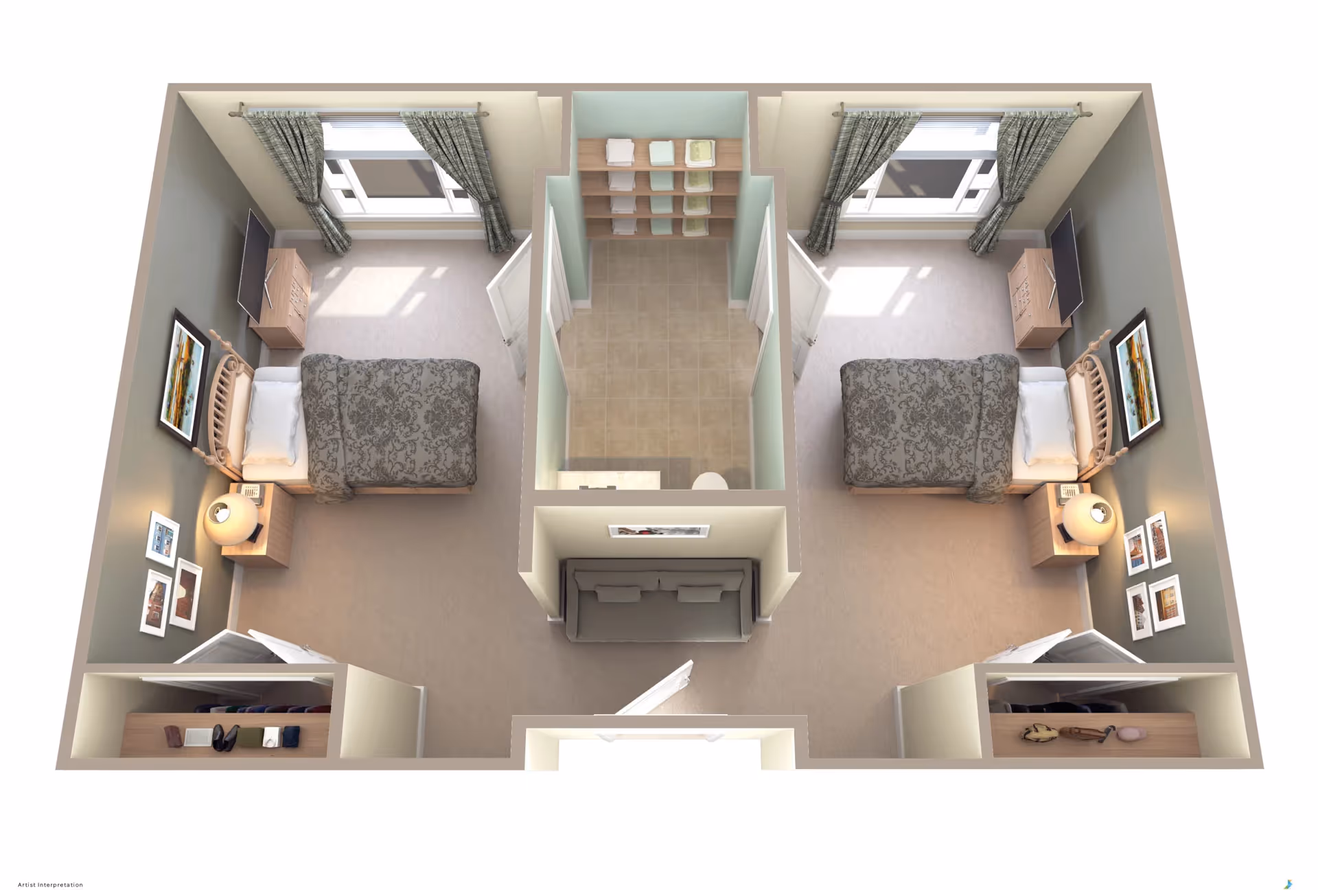 3D floor plan of a shared living space with two bedrooms, each containing a single bed, nightstand with lamp, TV on a dresser, and wall decorations. Between the bedrooms is a shared bathroom with a toilet, sink, and open shelving for towels. There is also a small sitting area with a couch outside the bathroom.