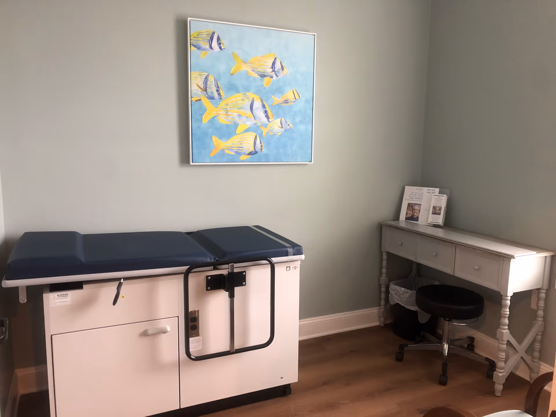 A small medical examination room with a padded examination table on the left, a white desk with three drawers on the right, a black rolling stool, and a trash bin underneath the desk. A colorful painting of yellow and blue fish is hanging on the light green wall above the examination table.
