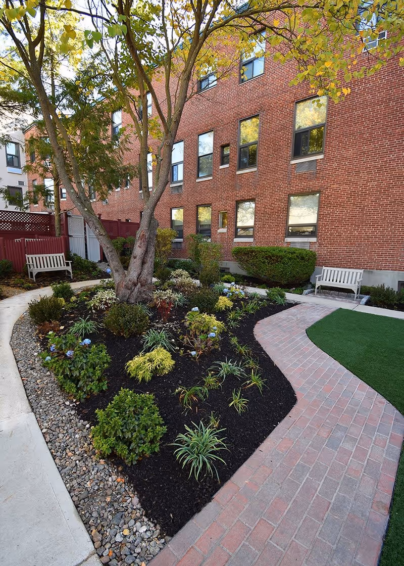 Outdoor garden area with a variety of plants and shrubs, a large tree in the center, two white benches along a curved brick pathway, and a red brick building in the background.