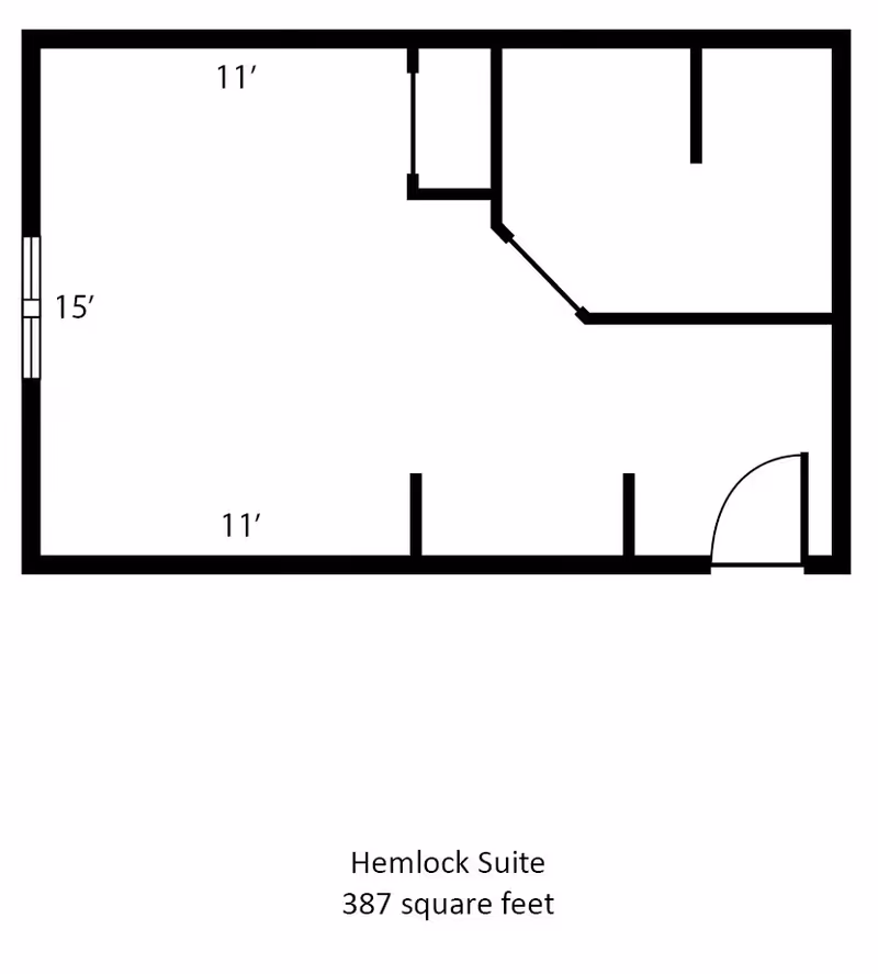 Floor plan layout of the Hemlock Suite at The Waterford at Colby, showing room dimensions and a total area of 387 square feet.