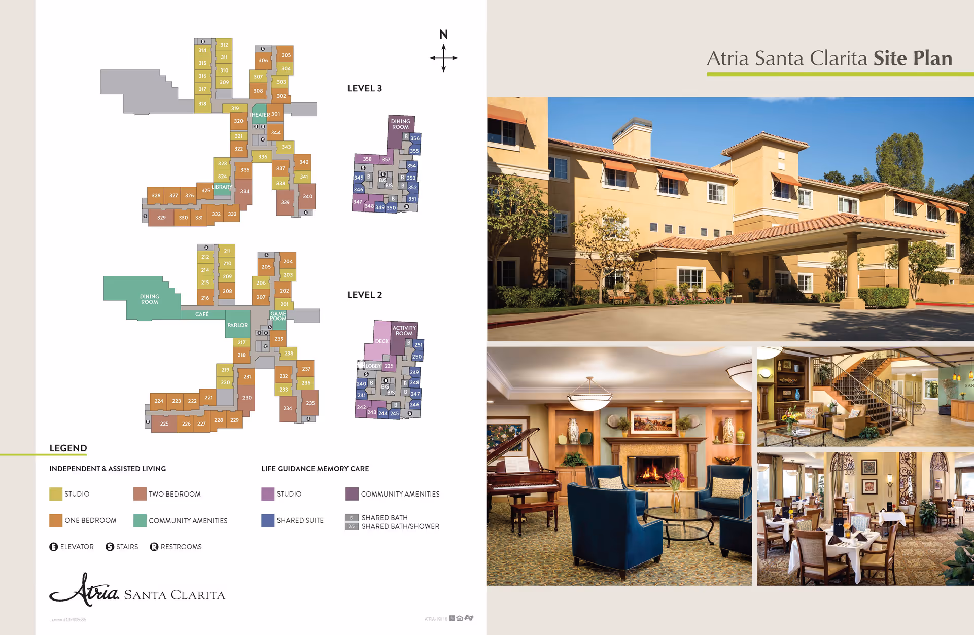 Atria Santa Clarita site plan showing floor layouts for Level 2 and Level 3 with color-coded areas for independent & assisted living and life guidance memory care. The right side features a photo collage including the exterior front view of the building, a cozy living room with a fireplace and piano, a lobby area with seating and a staircase, and a dining room with tables and chairs set for meals.