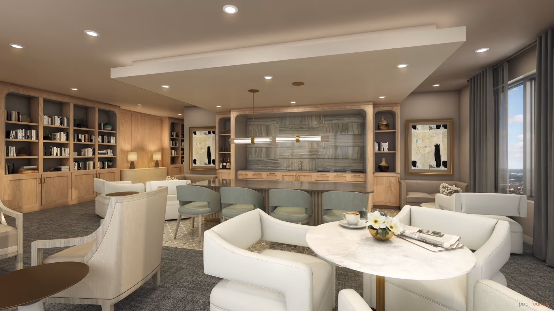 A modern and cozy living room area with light-colored armchairs and sofas arranged around small tables. There is a large built-in wooden bookshelf filled with books on the left wall. In the center, there is a kitchen island with four green cushioned chairs and two pendant lights hanging above. The back wall features a stylish backsplash and cabinetry. Large windows with gray curtains allow natural light to fill the room, and abstract artwork is displayed on the walls.