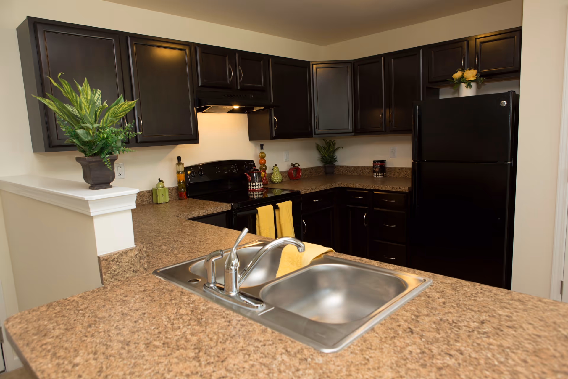 A modern kitchen with dark wood cabinets, a black refrigerator, a black stove with a range hood, and a double stainless steel sink set in a brown speckled countertop. There are decorative plants and kitchen items on the counters, and two yellow towels hanging on the oven handle.