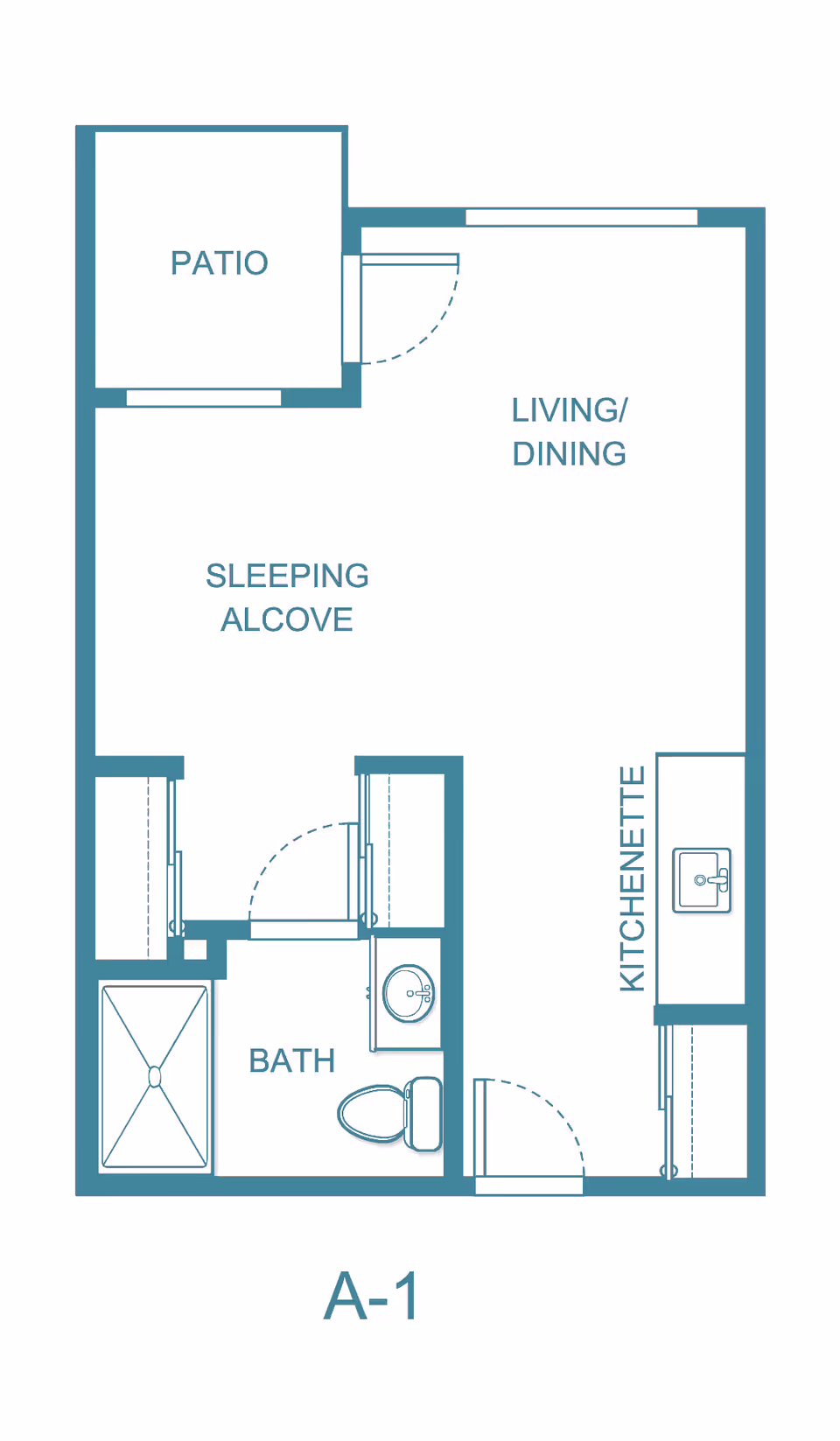 Floor plan labeled A-1 showing a layout with a patio, living/dining area, sleeping alcove, bath with shower, toilet, and sink, and a kitchenette with a sink.