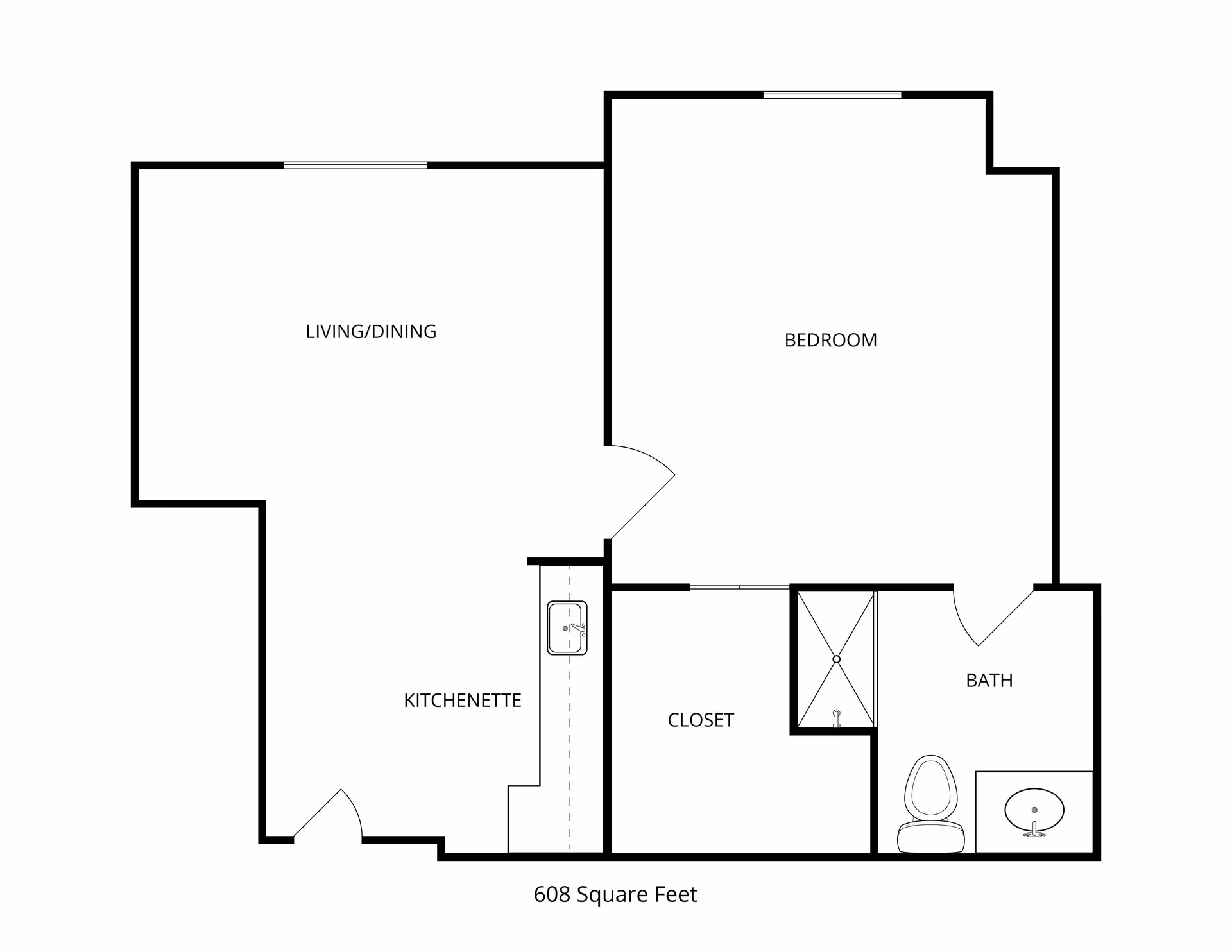 Black-and-white floor plan of a 608-square-foot one-bedroom apartment showing a living/dining area, kitchenette, bedroom, closet, and bathroom.