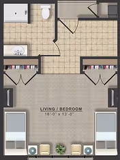 Floor plan of a living and bedroom area measuring 18 feet by 13 feet, featuring two beds, two chairs, a small table with a plant, two closets, and an adjoining bathroom with a shower, toilet, and sink.
