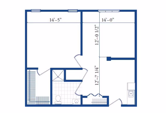 Architectural floor plan of a senior living unit showing a bedroom, bathroom with toilet and shower, and a kitchen area with a sink. Dimensions of each room are labeled.