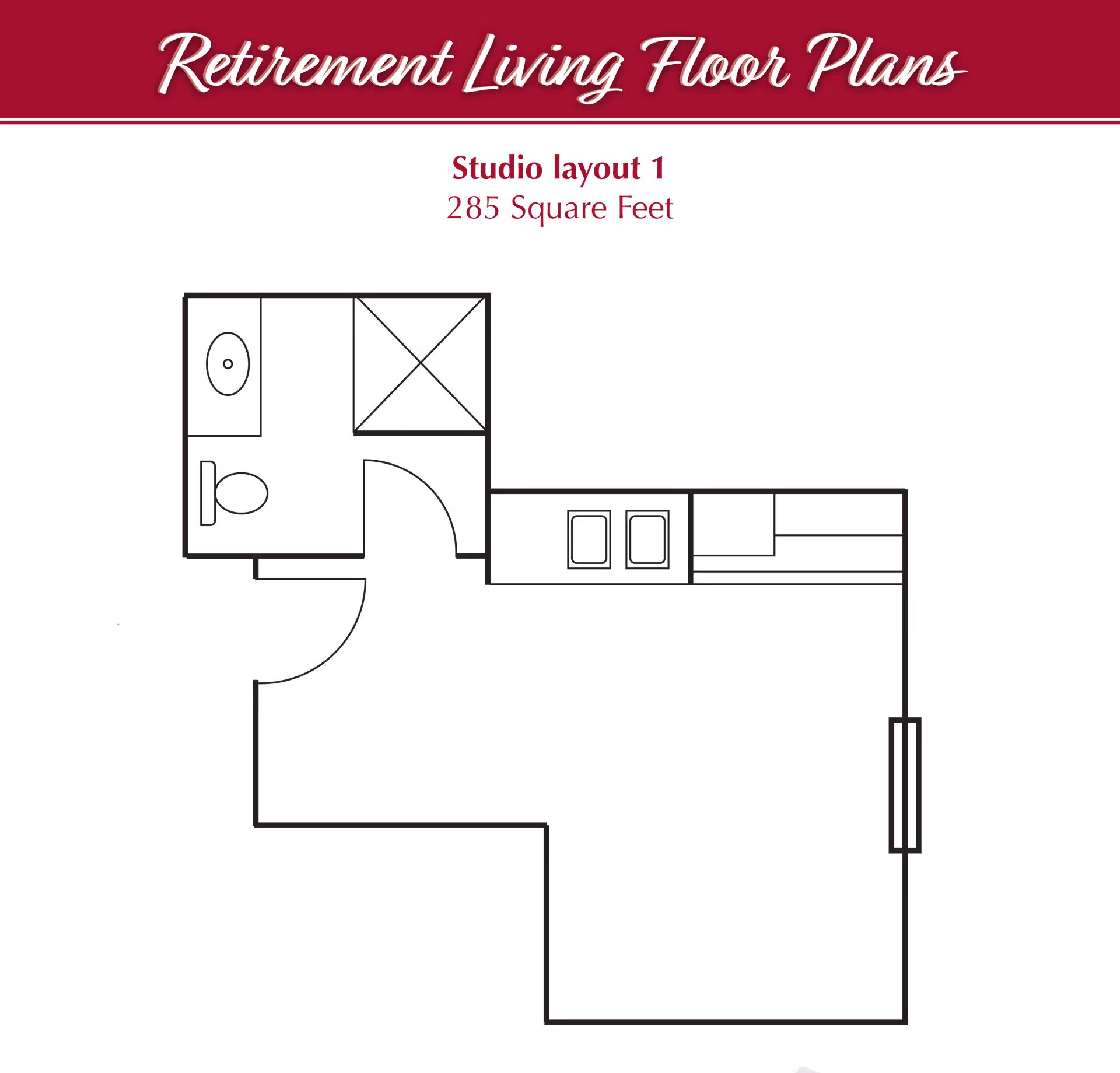 Graphic floor plan on a black background labeled "Retirement Living Floor Plans" showing a studio layout with 285 square feet.