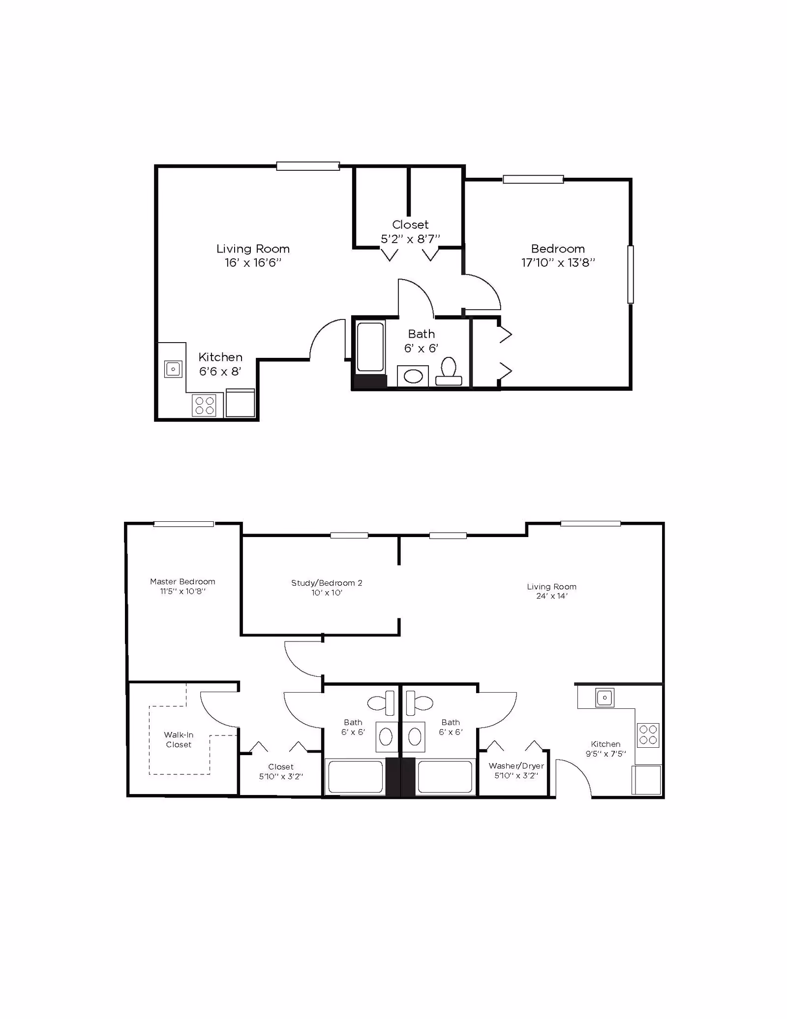 Two black-and-white apartment floor plan diagrams showing room layouts labeled with living rooms, bedrooms, kitchens, baths, and closets.