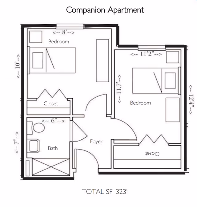 Floor plan of a companion apartment at Morningstar Assisted Living showing two bedrooms, two closets, a bathroom, and a foyer with total area of 323 square feet.