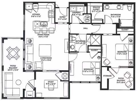 Architectural floor plan of a residential unit at Franklin Park Alamo Heights showing rooms including kitchen, dining room, living room, two bedrooms, two bathrooms, study, laundry, walk-in closet, storage, and two patios/balconies.