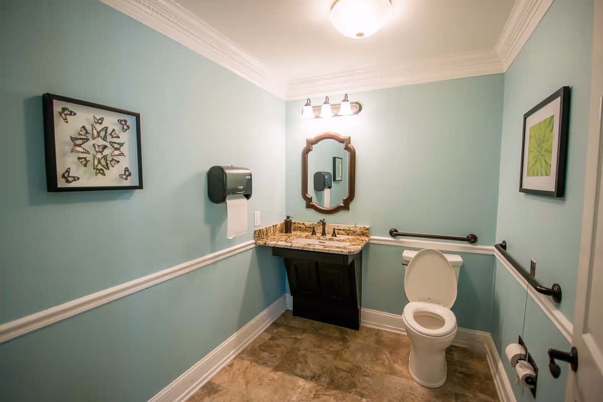 Mint-green accessible bathroom with a toilet, granite-topped vanity and mirror, grab bars, and framed wall art.