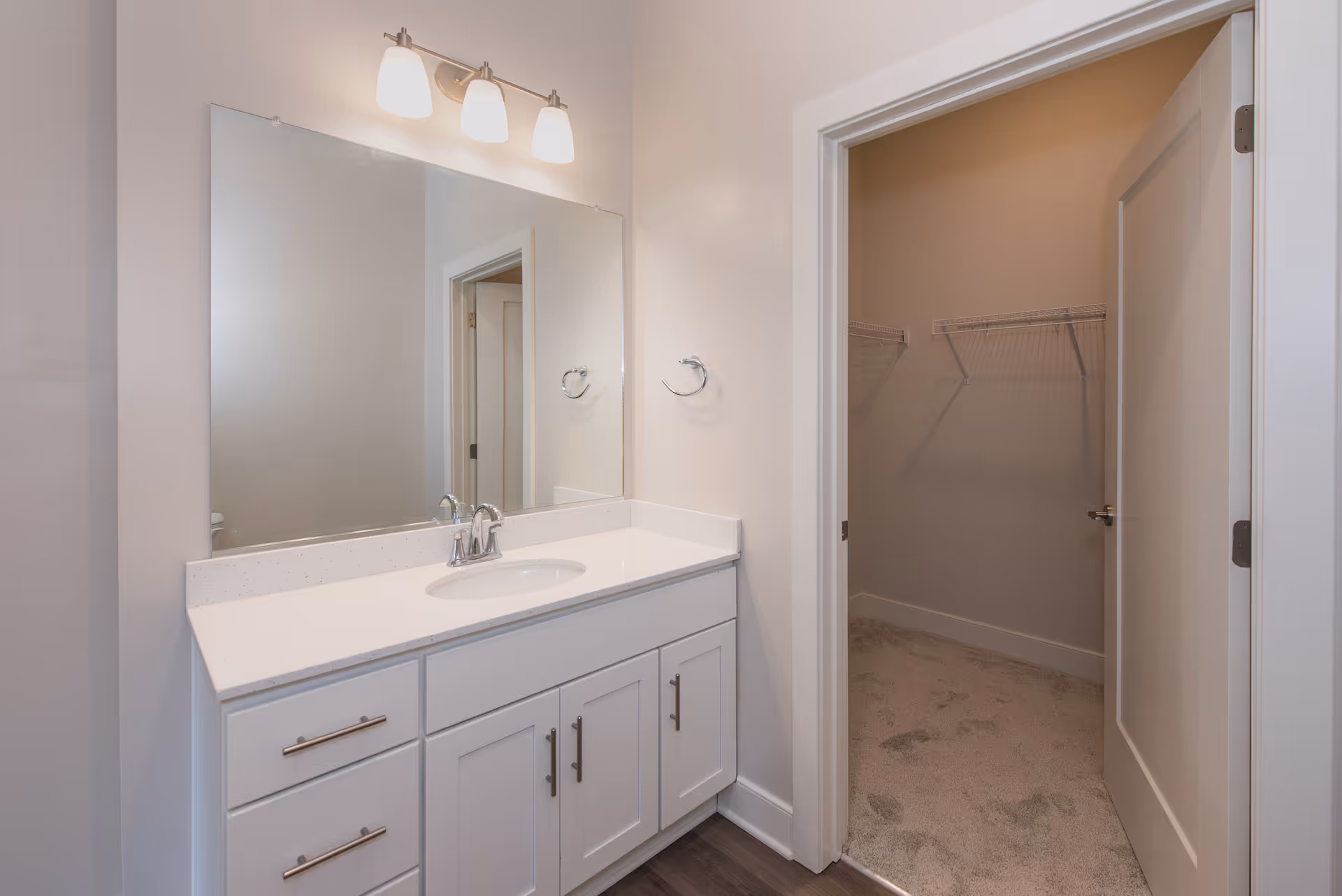 A bathroom vanity with a white countertop, an oval sink, and a large mirror above it. Three light fixtures are mounted above the mirror. To the right, there is an open door leading to a carpeted walk-in closet with wire shelving.