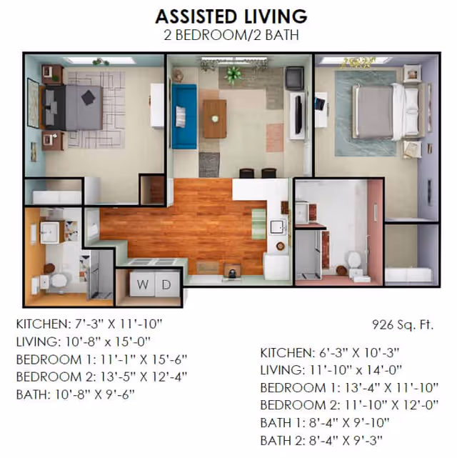 Floor plan of an assisted living unit with 2 bedrooms and 2 bathrooms. The layout includes two bedrooms, two bathrooms, a kitchen, a living room, and a washer/dryer area. Dimensions for each room are provided alongside the plan.