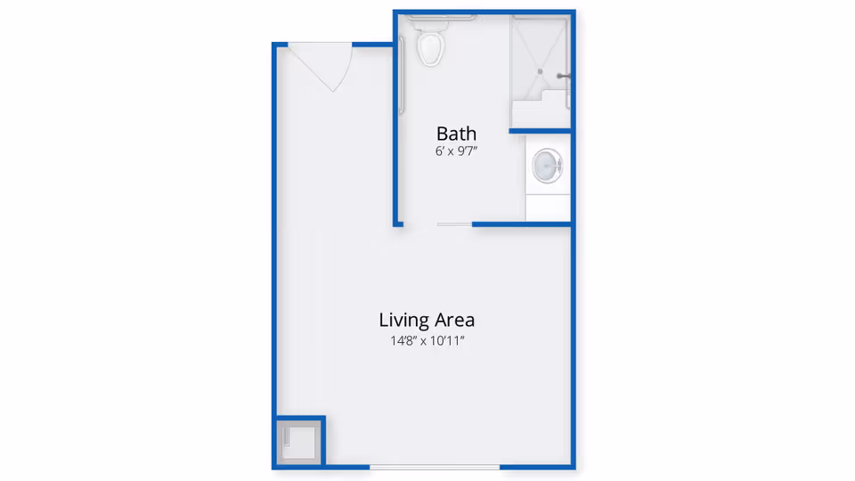 Floor plan of a senior living unit at Benchmark Senior Living at Woburn showing a living area measuring 14 feet 8 inches by 10 feet 11 inches and a bathroom measuring 6 feet by 9 feet 7 inches. The bathroom includes a toilet, shower, and sink. The entrance door opens into the living area.