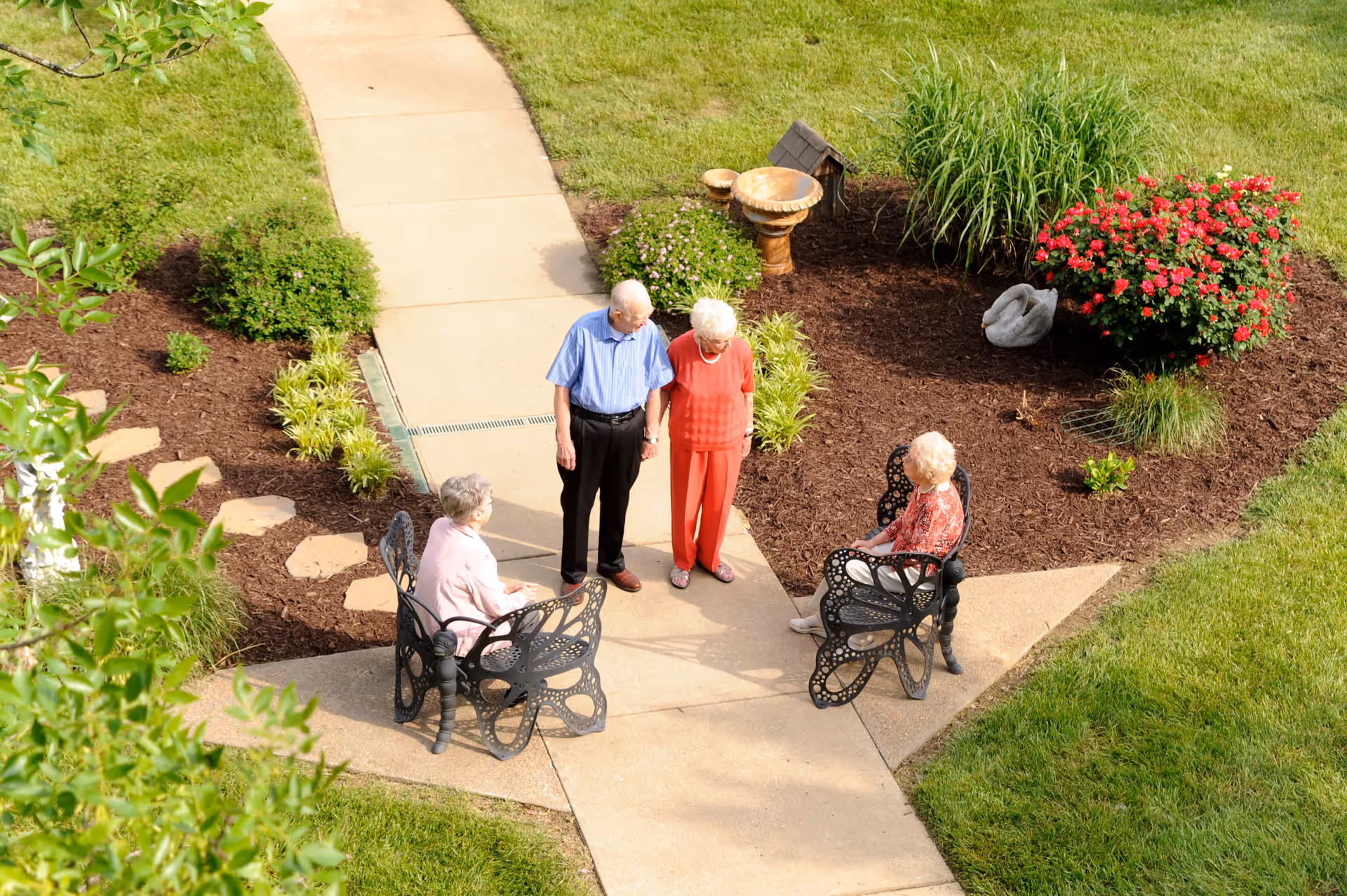 An aerial view of a garden area with a concrete pathway forming a Y shape. Four elderly people are present; two are sitting on decorative black metal benches shaped like butterflies, and two are standing and holding hands. The garden has green grass, various plants, flowers, and a birdbath.