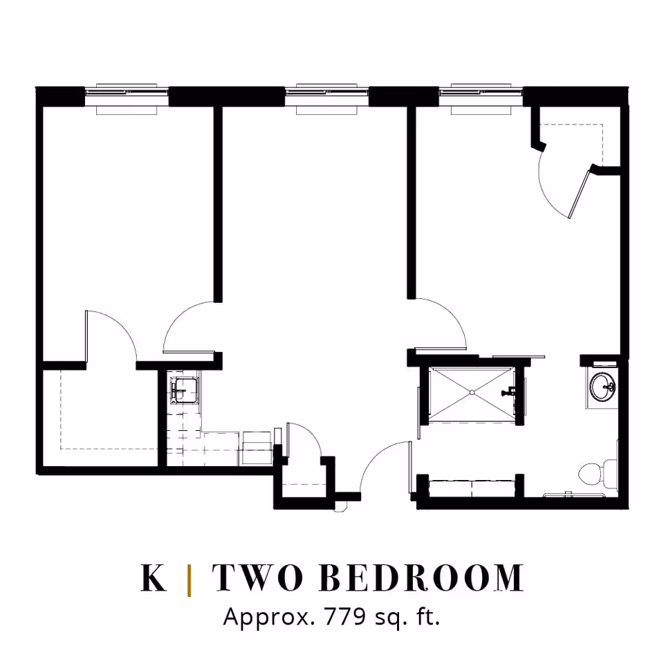 Architectural floor plan of a two-bedroom apartment approximately 779 square feet, showing layout with rooms, doors, windows, kitchen, bathroom, and living spaces.