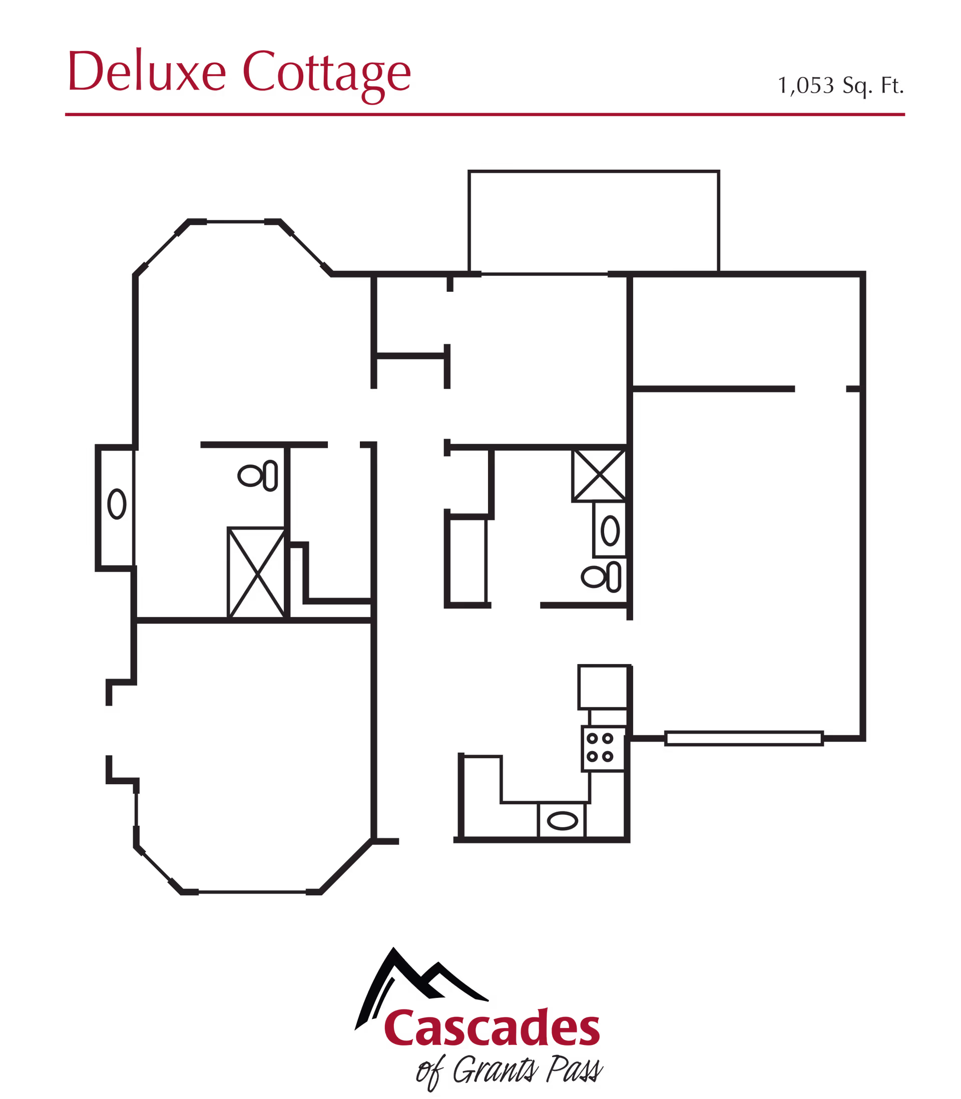 Floor plan layout of a Deluxe Cottage with 1,053 square feet, showing rooms including bathrooms, kitchen, and living spaces.