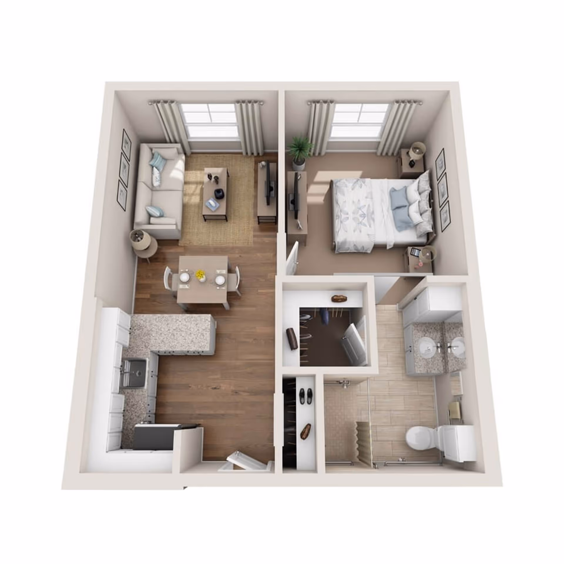 3D floor plan of a one-bedroom apartment featuring a living room with a sofa, coffee table, and TV, a dining area with a table and two chairs, a kitchen with countertops and appliances, a bedroom with a bed and nightstands, a walk-in closet, and a bathroom with a double sink, toilet, and shower.