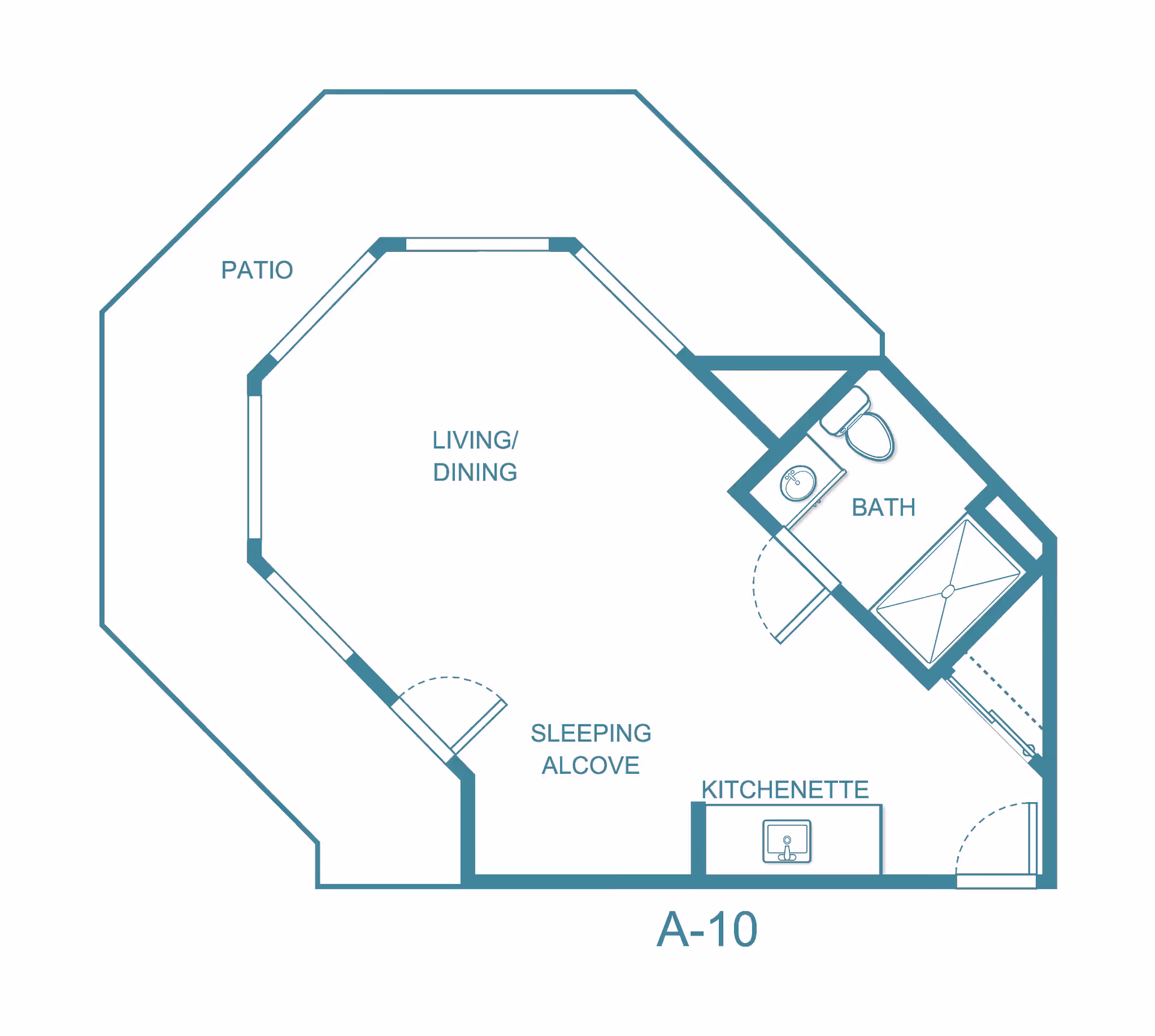 Architectural floor plan labeled A-10 showing a living/dining area, sleeping alcove, kitchenette, bath, and a patio surrounding part of the living/dining area.