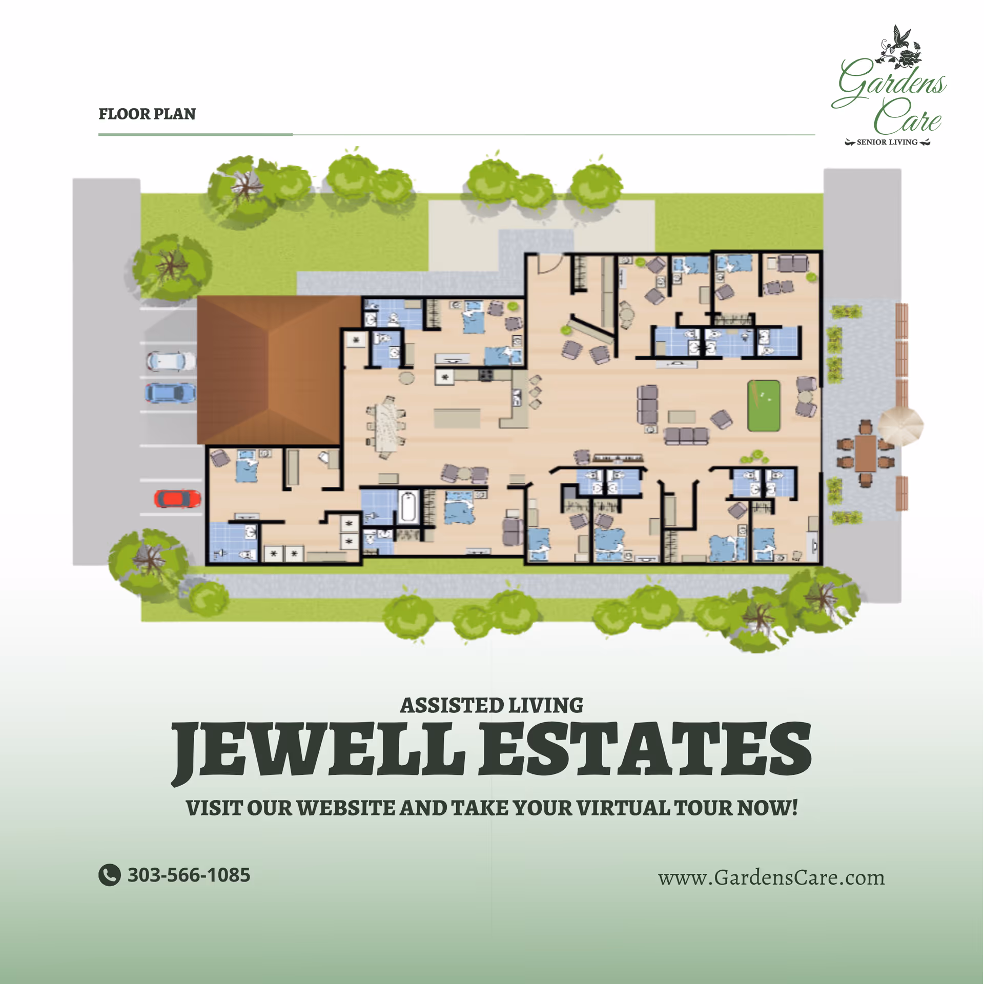 Colored overhead floor plan of the Jewell Estates assisted living facility showing individual rooms, common areas, parking, landscaping, and branding.