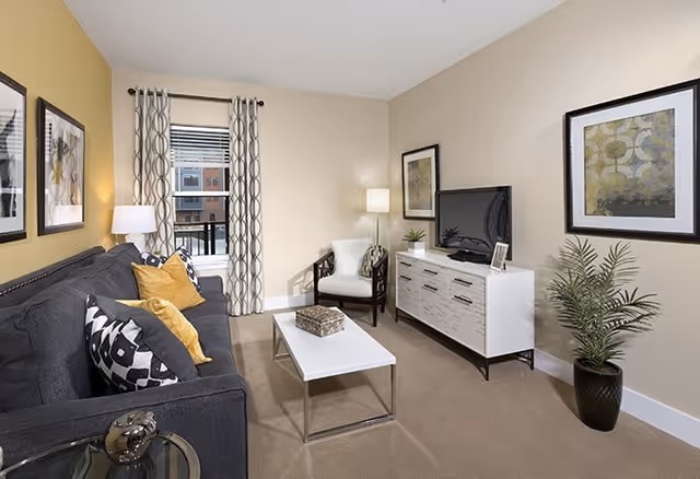 A modern living room with a dark gray sofa adorned with patterned and yellow pillows, a white coffee table with a decorative box, a white TV console with a flat-screen TV, a potted plant, framed artwork on the walls, a window with patterned curtains, and a chair with a white cushion and a floor lamp beside it.