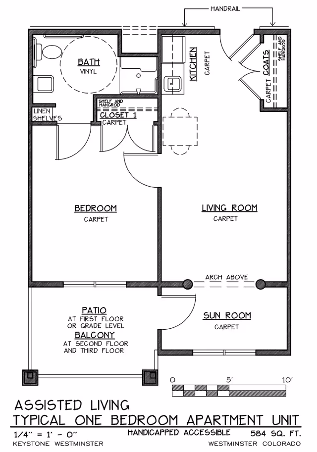 Architectural floor plan of an assisted living typical one bedroom apartment unit showing a bedroom, bath, kitchen, living room, sun room, closets, and a patio or balcony. The layout includes labels for flooring types and accessibility features.
