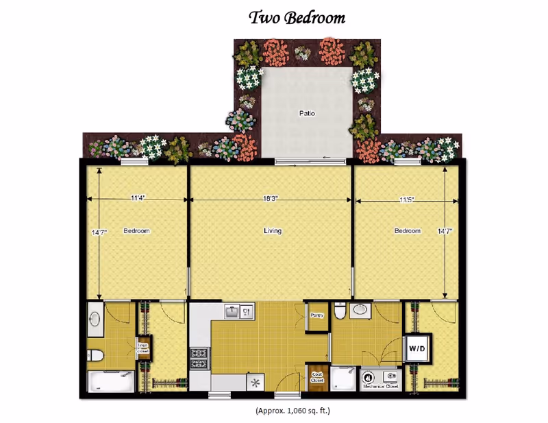 Floor plan of a two-bedroom apartment with approximate area of 1,060 sq. ft. The layout includes two bedrooms, a living room, kitchen, pantry, coat closet, linen closet, mechanical closet, bathroom, and a patio surrounded by flowers.