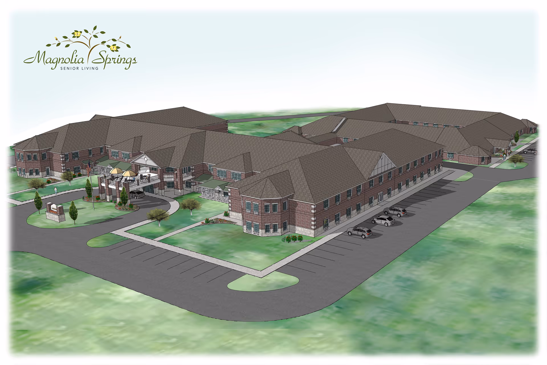 A 3D architectural rendering of Magnolia Springs Loveland senior living facility showing a large, multi-wing brick building with a covered entrance, surrounding parking lots, and landscaped green areas.
