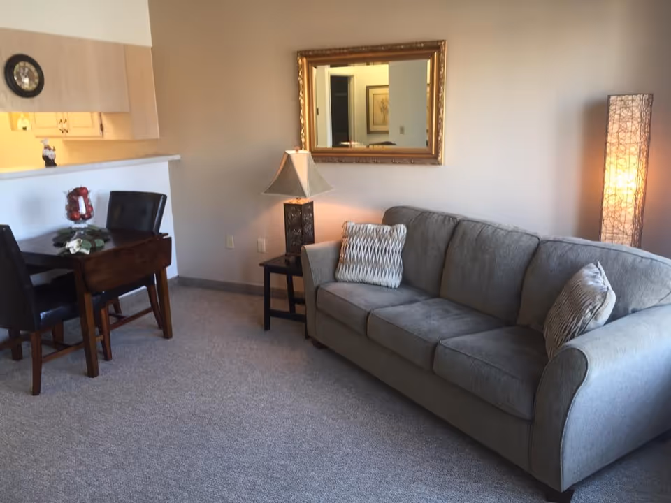 A cozy living room area featuring a gray upholstered sofa with two patterned pillows, a side table with a decorative lamp, a tall floor lamp with a woven design, a wooden dining table with two black chairs, and a large framed mirror on the wall reflecting part of the room.