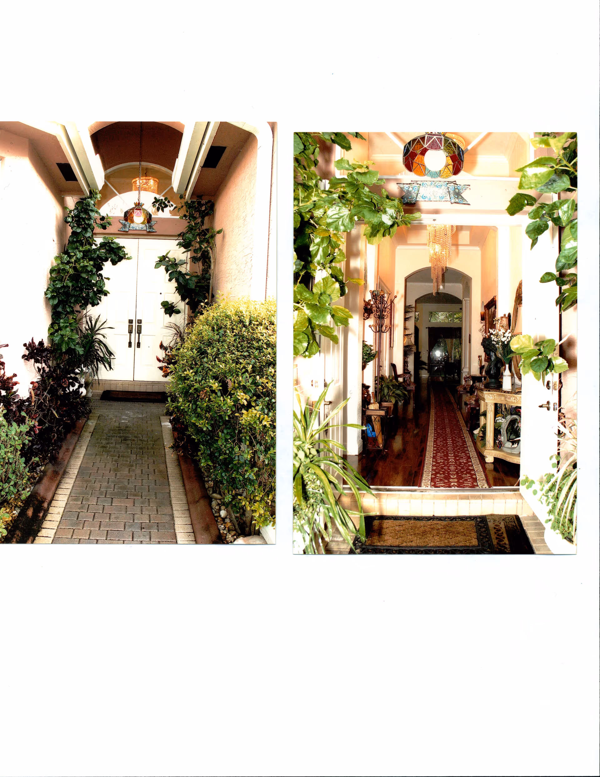 Two photos: a plant-lined walkway leading to double front doors on the left and an interior foyer with a long runner rug, plants, and chandeliers on the right.